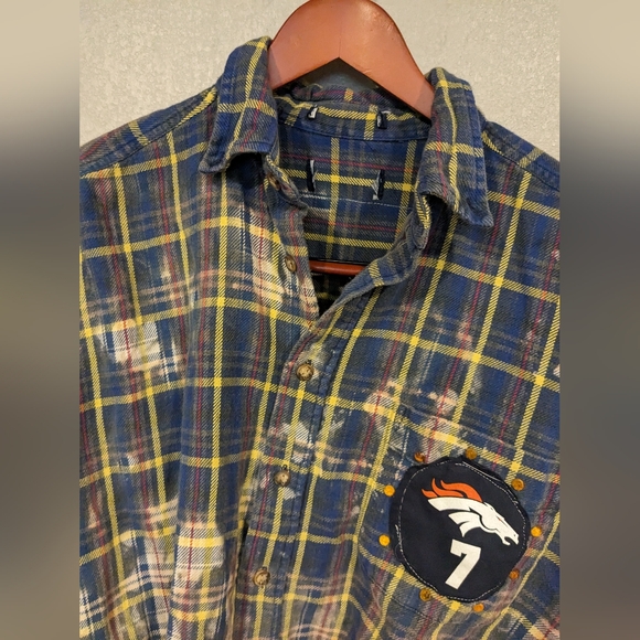 JOHN ELWAY BRONCOS plaid button up cropped distressed shirt - Picture 2 of 5